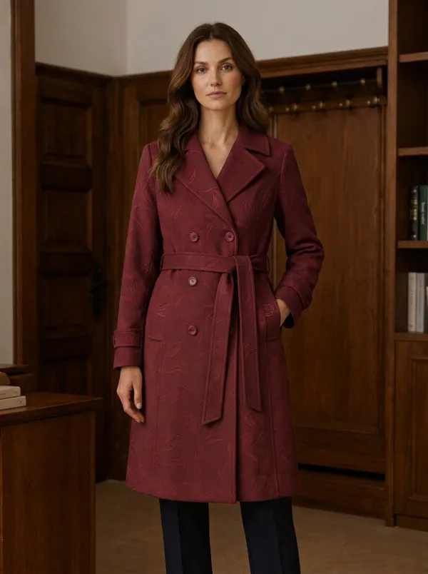 Women's Camel Leaf Pattern Embossed Printed Coat