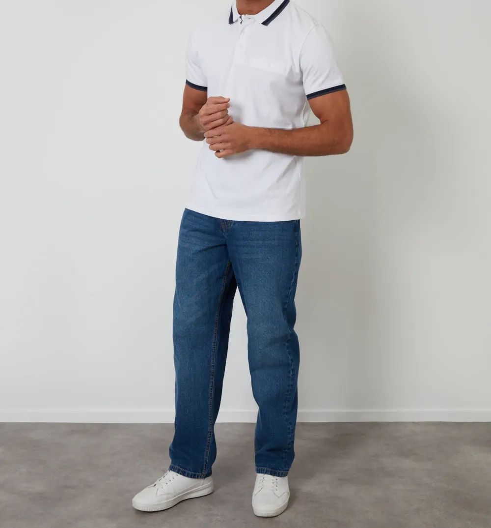Men's White Chest Pocket Cotton Interlock Polo Shirt