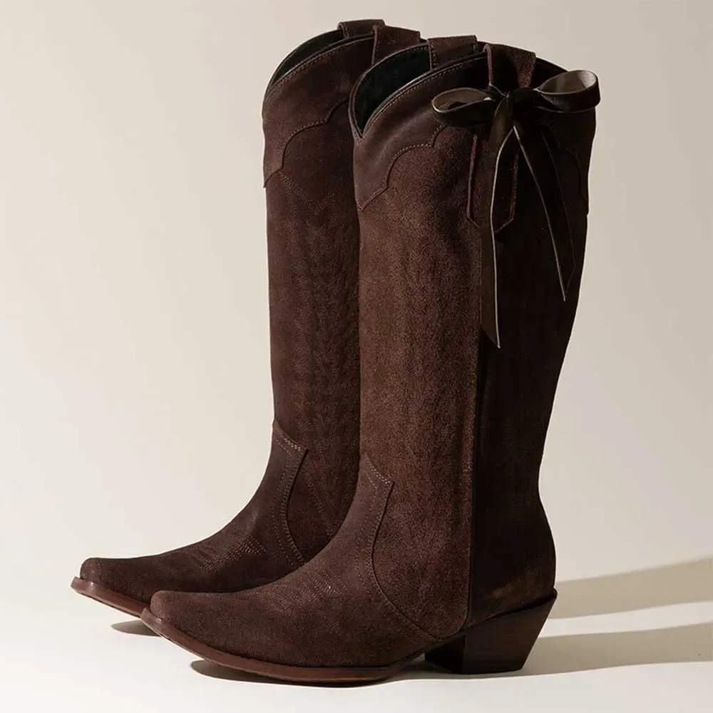 Faux-Suede Embroidered Snip-Toe Chunky-Heel Western Boots