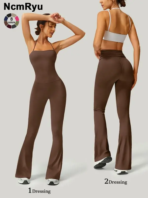 Women's Strapless Flared Yoga Jumpsuit – Fitness, Quick-Dry, Peach Hip Bodysuit
