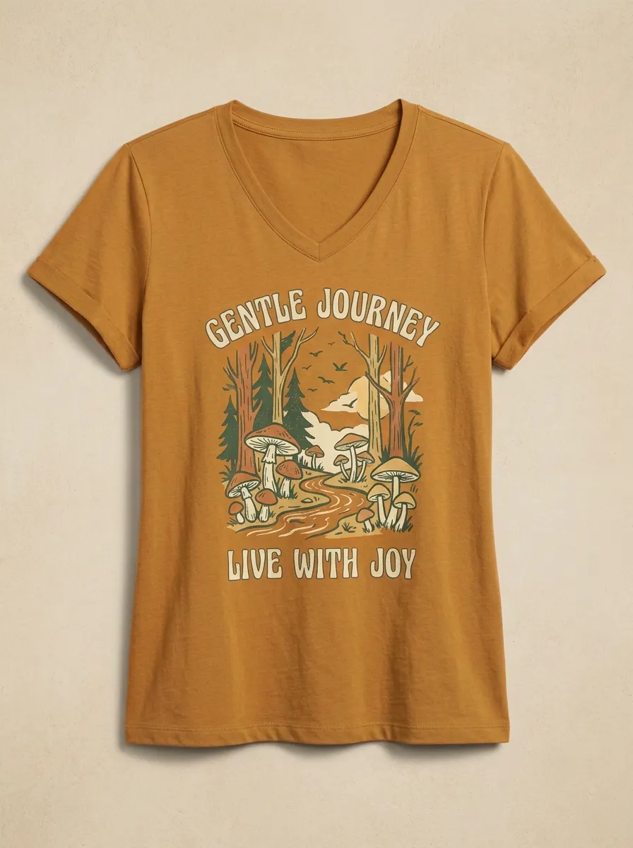 Women's Nature Mushroom Forest Gentle Journey Print V-Neck T-Shirt