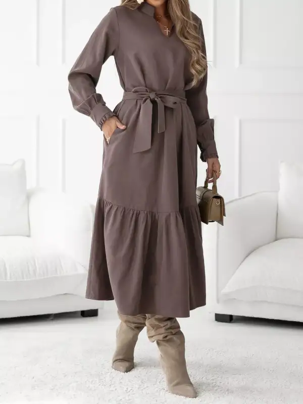 Tie Waist Ruffle Long Sleeve Midi Dress
