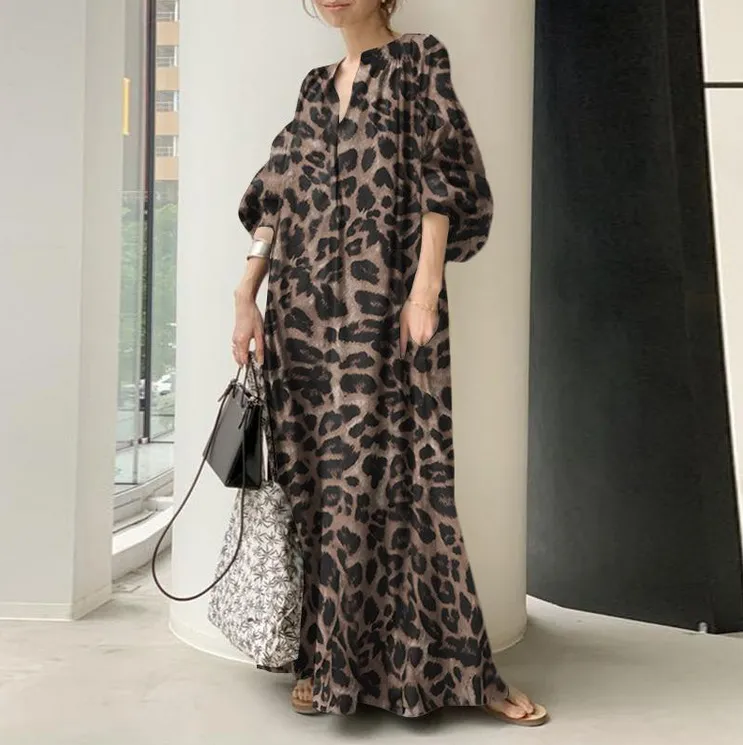 Temperament Leopard Print Stand Puff Sleeve Fashion Loose Casual Bohemian Shirt Dress