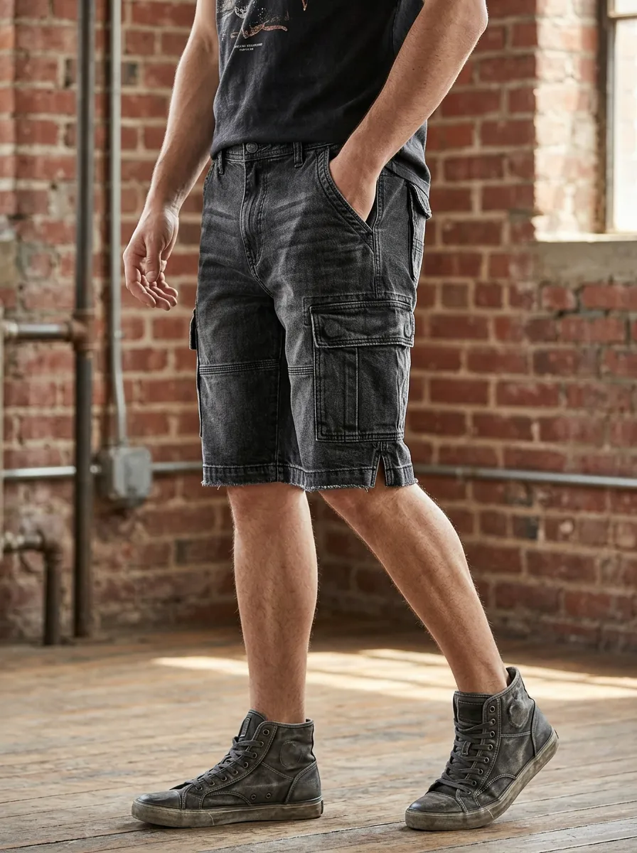 Men's Casual Washed Black Denim Cargo Shorts