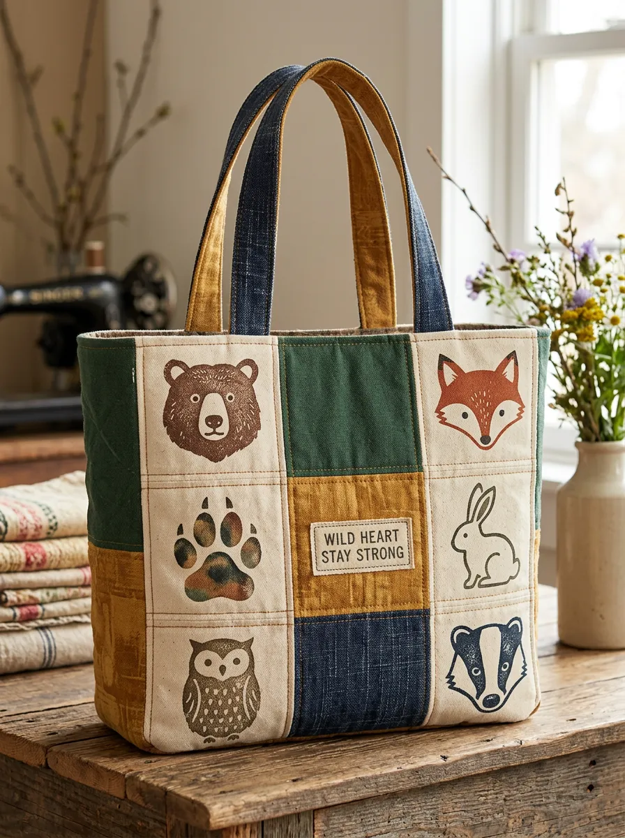 Nature Lover Forest Animal Patchwork Printed Tote Bag