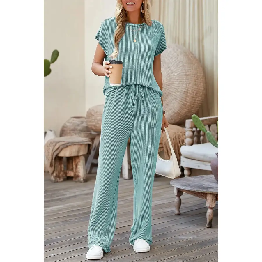 Solid Corded Short Sleeve Top and Casual Pants Set