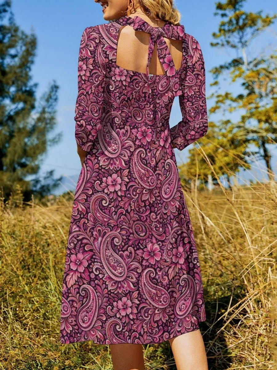 Tied Print Long Sleeve Dress