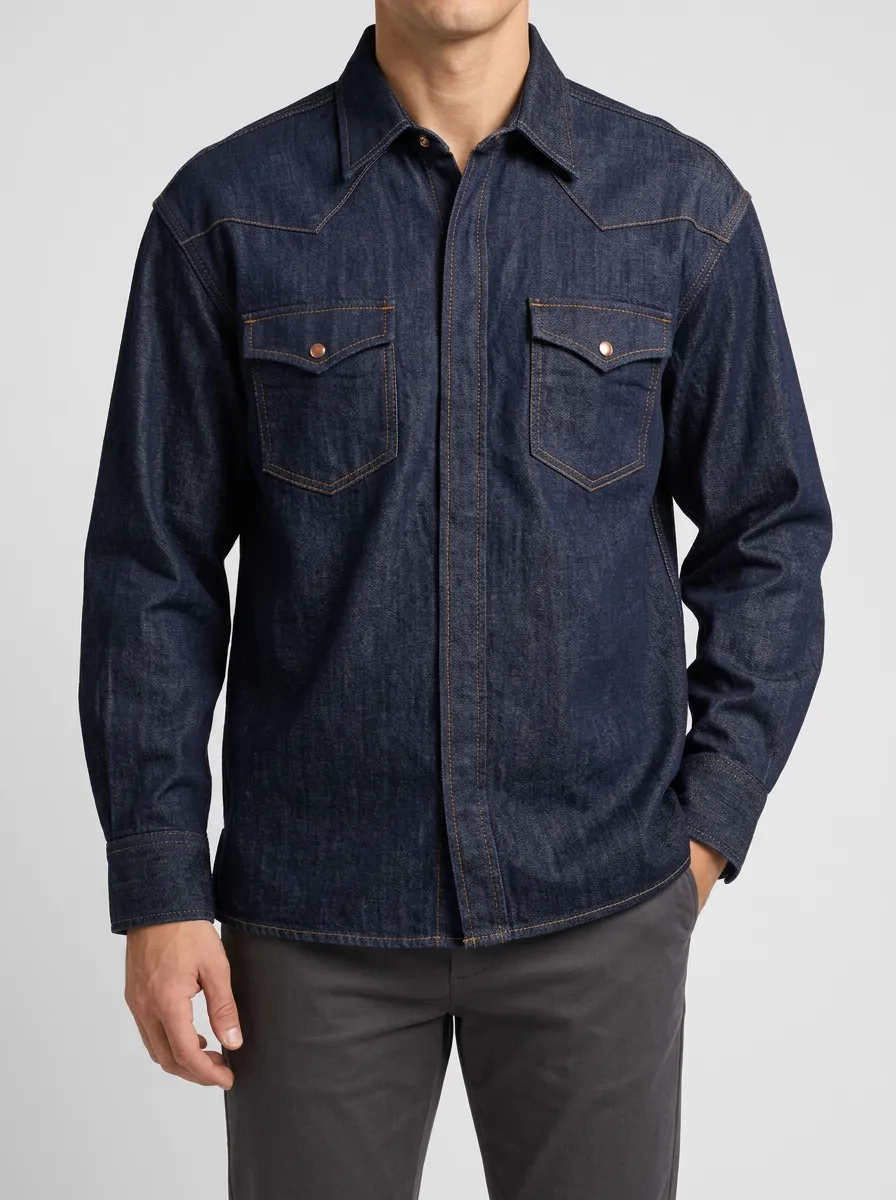 Long-Sleeve Classic Denim Shirt with Front-Opening Closure