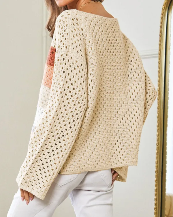Pointelle Knit Color Block Baggy Sweater
