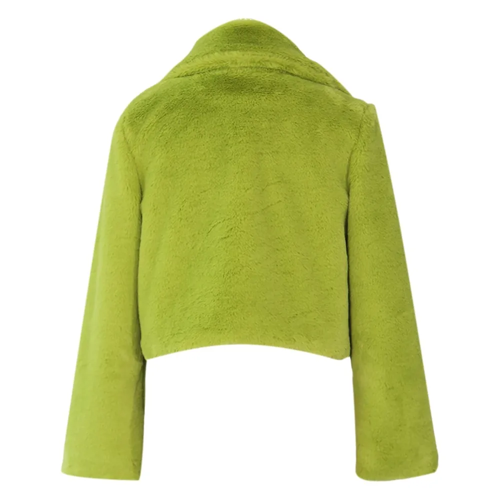 Z2-Green Faux Fur Coat Women with Hood Cropped Bubble Coats Fleece Short Warm Jackets Plus Size Winter Coats for Women
