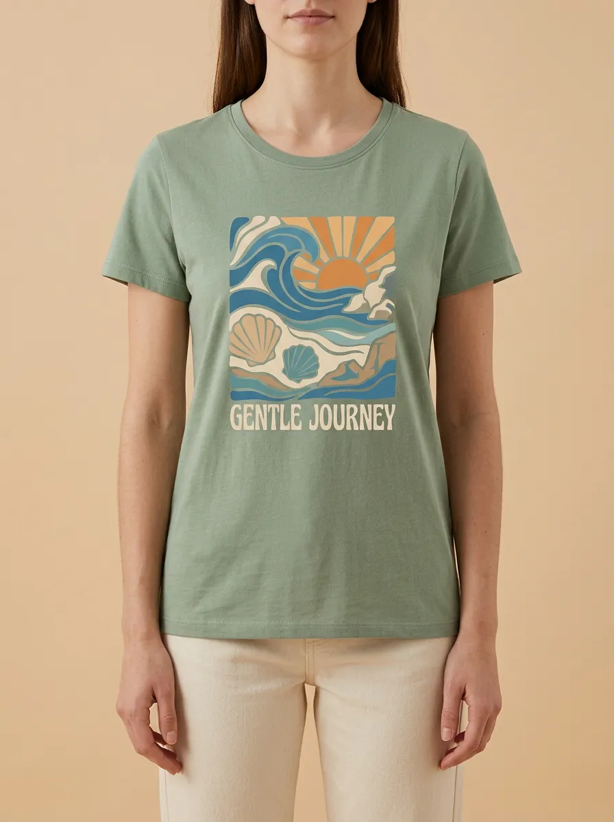 Women's Beach Gentle Journey Ocean Seashell Print T-Shirt