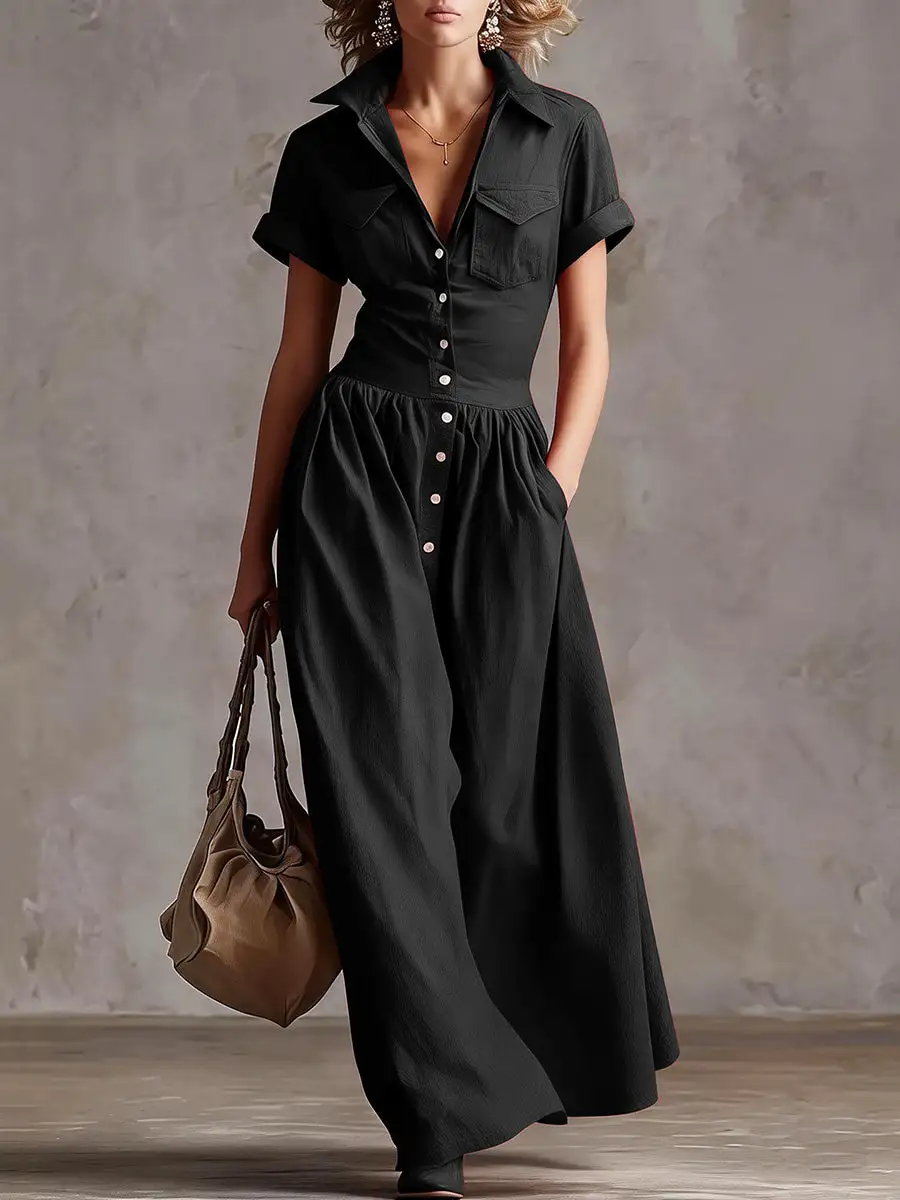 Waisted Pleated Buttoned Maxi Dress