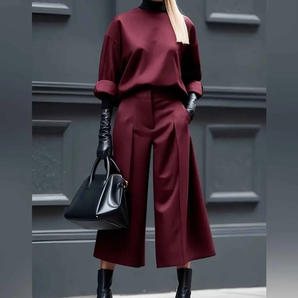 Loose Fit Pleated Zipper Fly Polyester Trousers Culottes