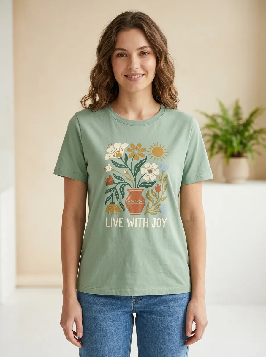 Women's Live With Joy Floral Vase Boho Print T-Shirt
