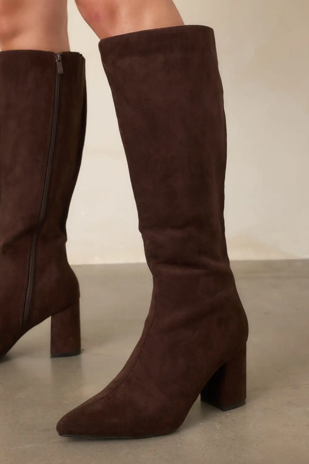 Faux Suede Pointed Toe Block Heel Knee High Boots