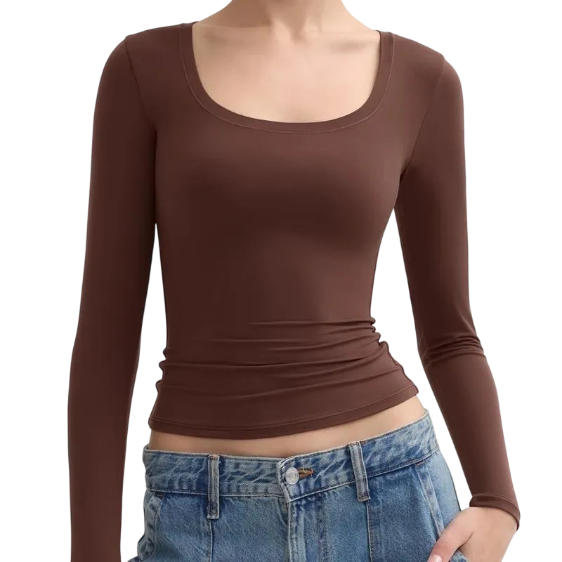 Women‘s Scoop Neck Long Sleeve Top Double Layer Slimfit Fall Outfits