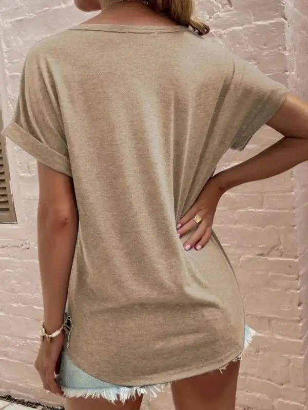Notched-Neck Short-Sleeve Knit Relaxed T-Shirt