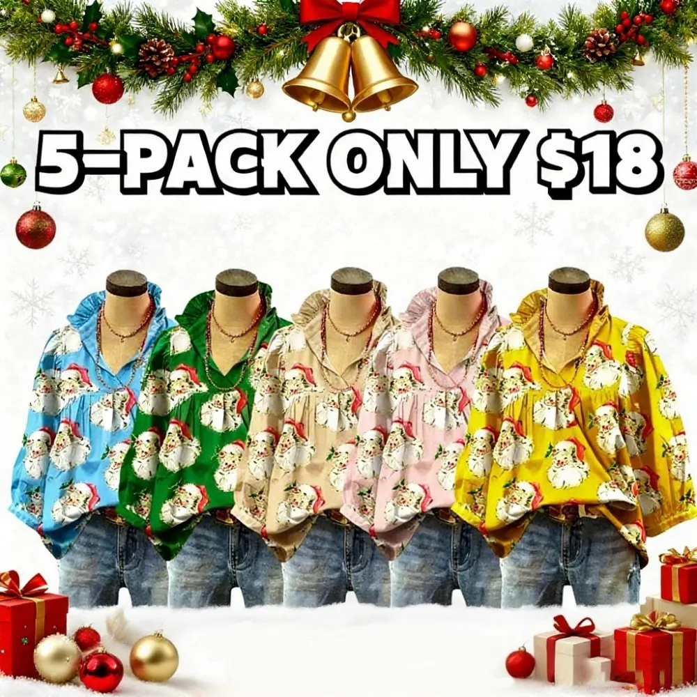 Christmas Santa Print Ruffle V-Neck Blouse