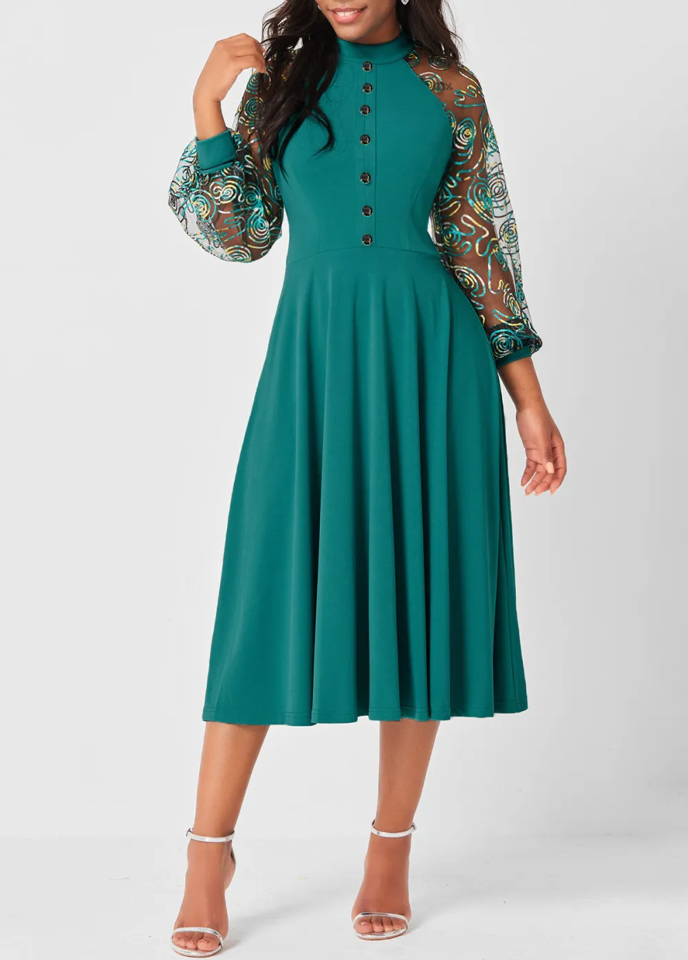 Green Sheer Mesh Decorative Button Dress