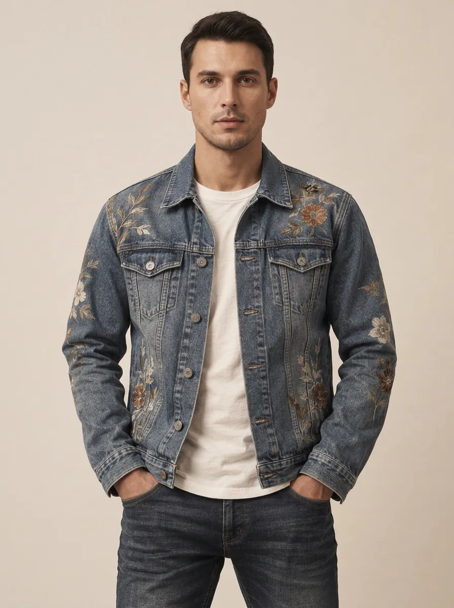 Men's Expressive Floral Vintage Inspired Denim Jacket