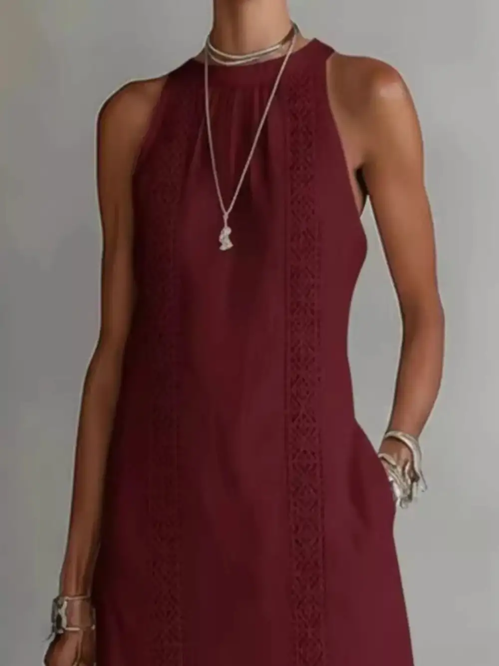 Sleeveless Lace Trim Pocketed Midi Dress