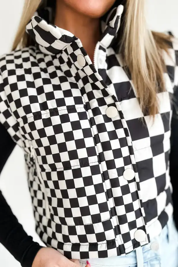 Double Checked Stand Collar Cropped Puffer Vest
