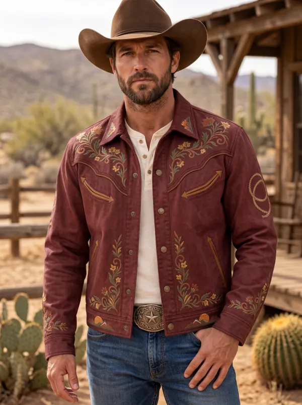 Men's Classic Western Cowboy Floral Embroidery Floral Embroidered Jacket