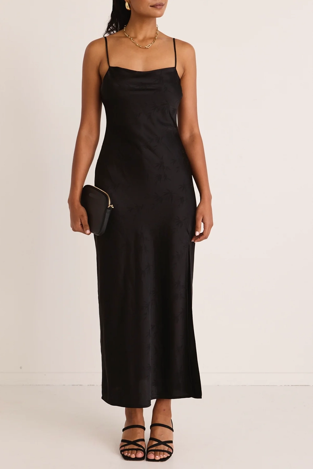 Black Jacquard Satin Strappy Maxi Dress