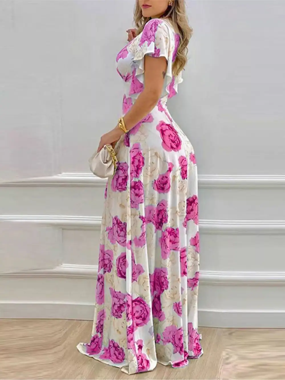 Floral Printed V Neck Maxi Dress