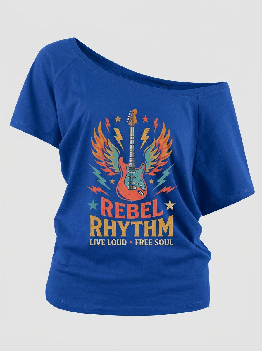 Women's Rock Music Lover Winged Guitar Rebel Rhythm Printed Off-Shoulder Top
