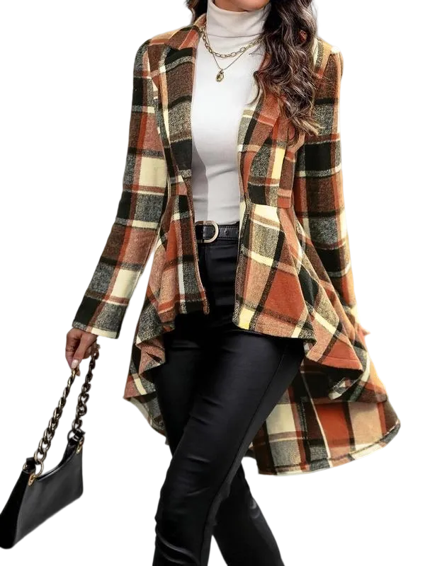 Women's Plaid Print Button High Low Hem Jacket