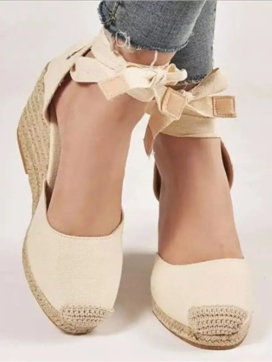 Buckle Panel Detail Square-Toe Lace-Up Ankle Wrap Espadrille Wedge Heeled Sandals