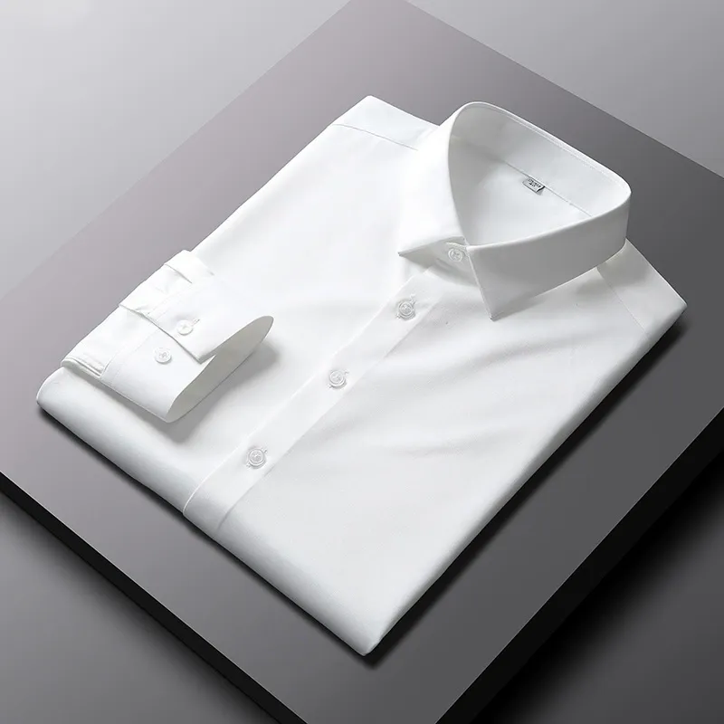 2025 New Elastic Silk White Shirt Men'S Long Sleeve Iron-Free Solid Color Breathable Casual Slim Business Men'S Shirt