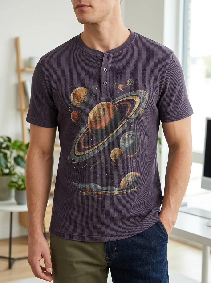 Men's Space Astronomy Saturn Printed Waffle Henley T-shirt