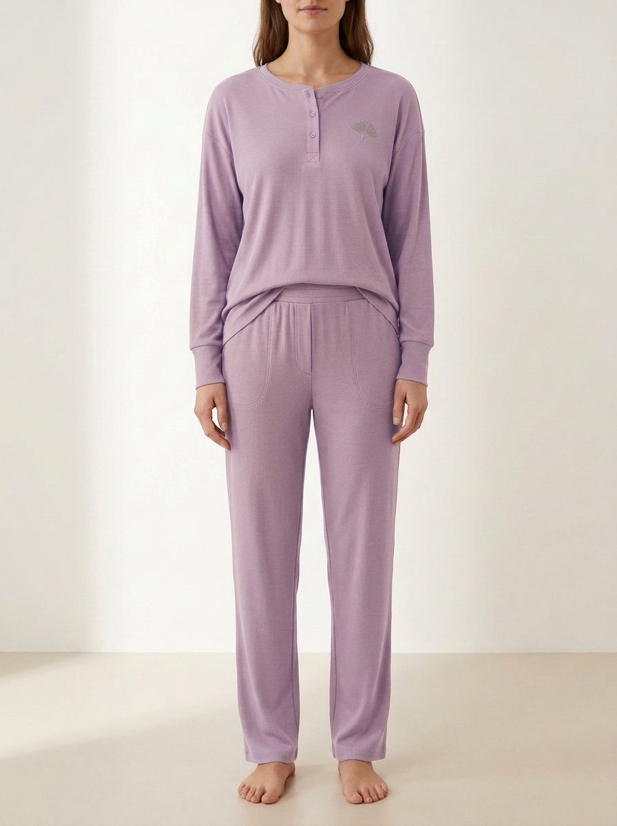 Women's Ginkgo-Embroidered Henley Side-Pocket Lounge Set