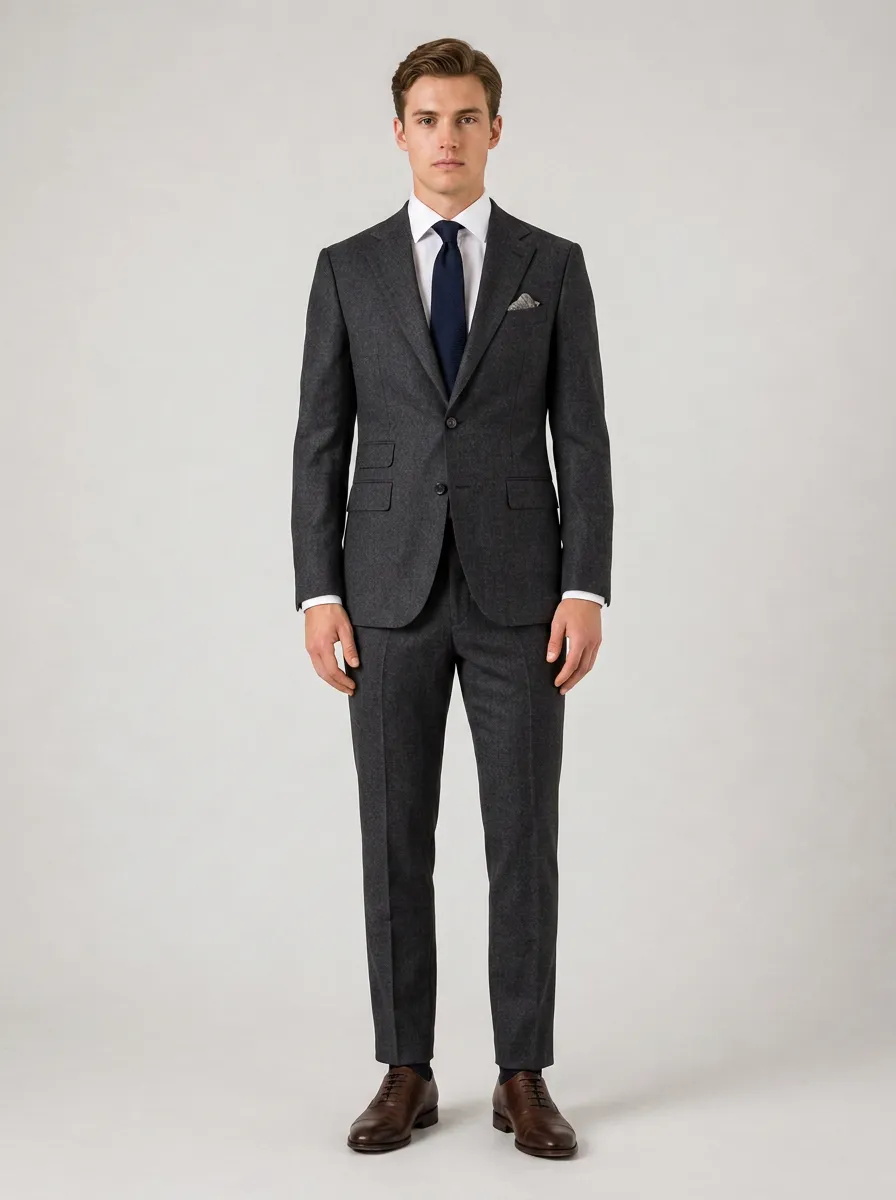 Men's Structured Fit Business Formal Charcoal Grey Wool Blend Suit Set