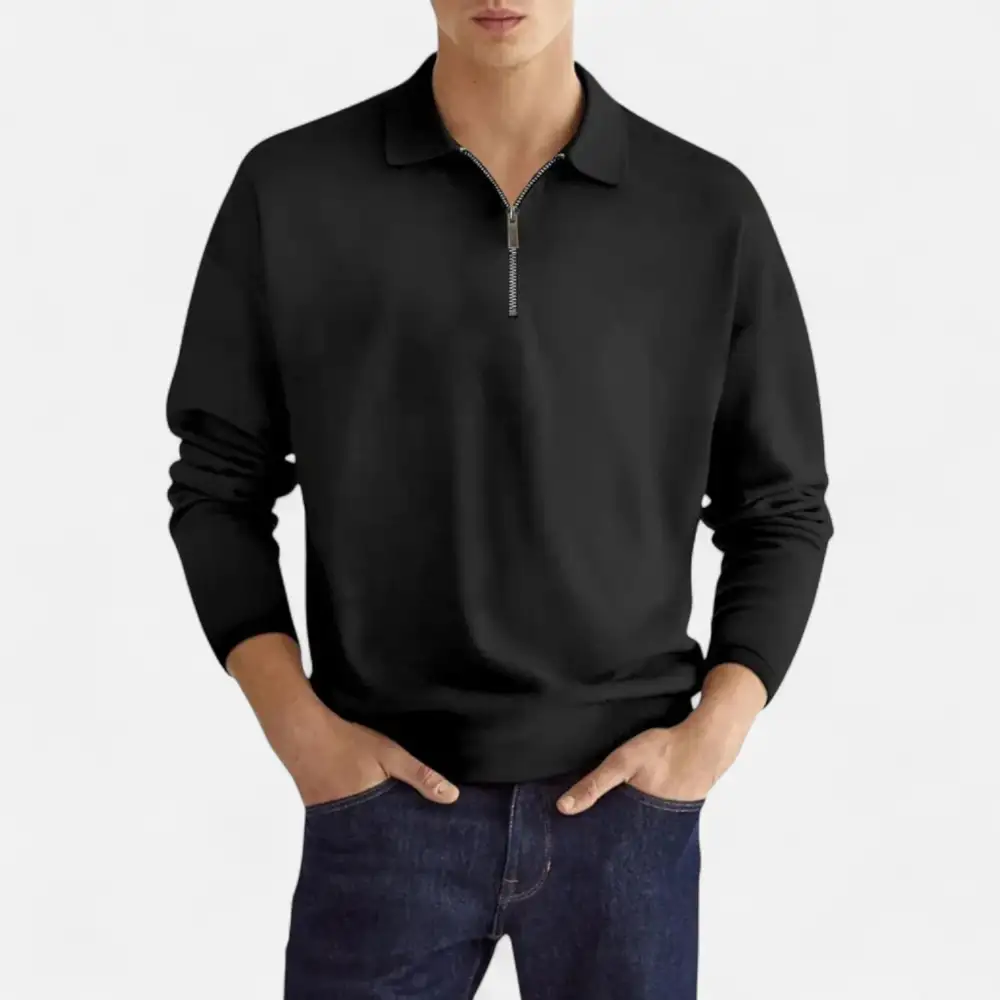 Denim Zip Collar Long Sleeve Polo Shirt