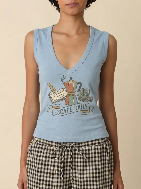 Women's Book Coffee Movie Lover Escape Daily Printed Tank Top