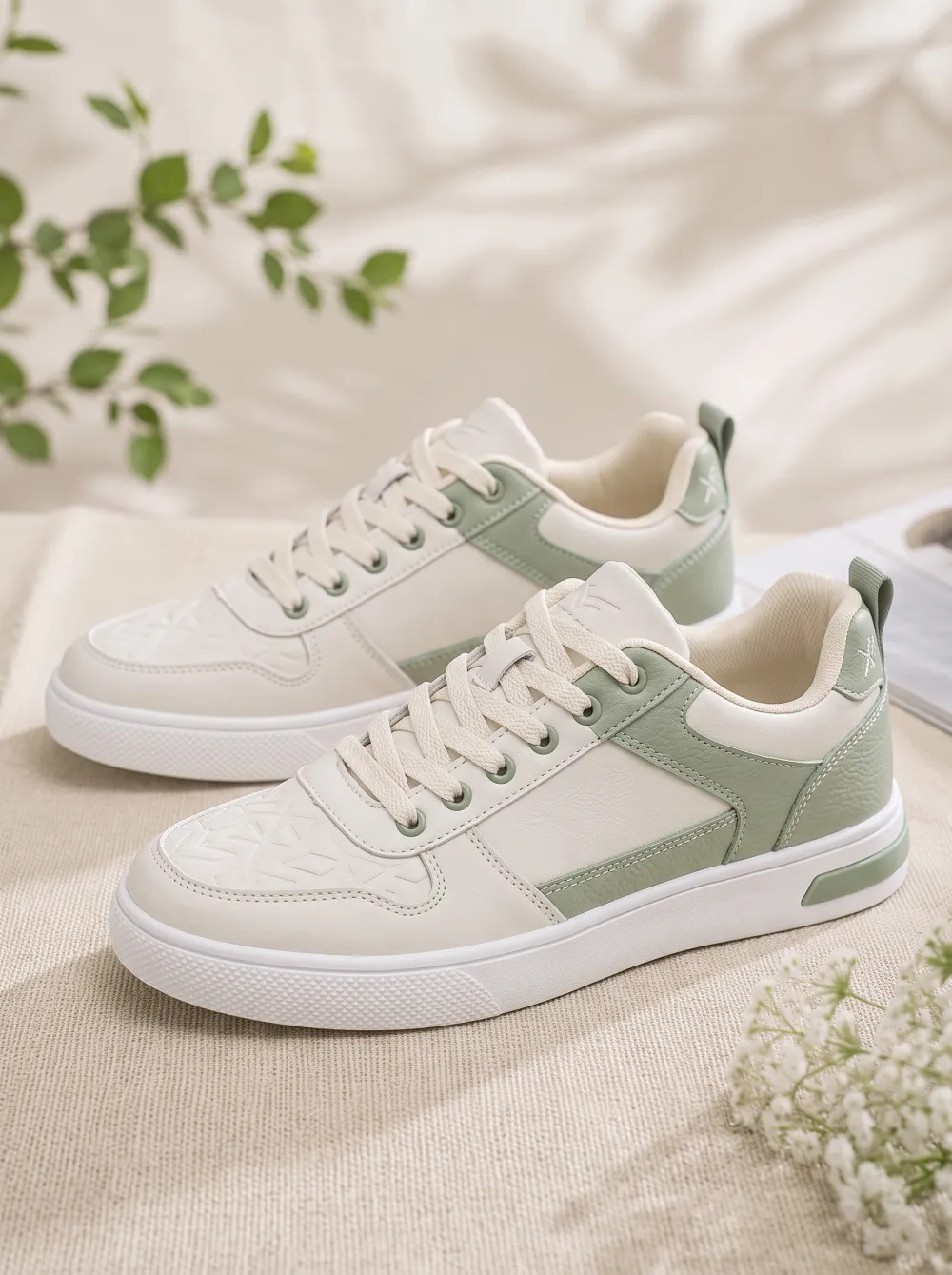 Men's Minimalist Sage Green Geometric Embossed Casual Sneakers
