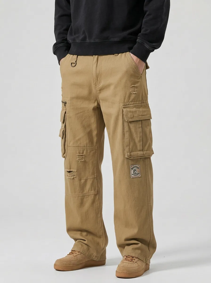 Men's Vintage Distressed Patchwork Printed Cargo Pants
