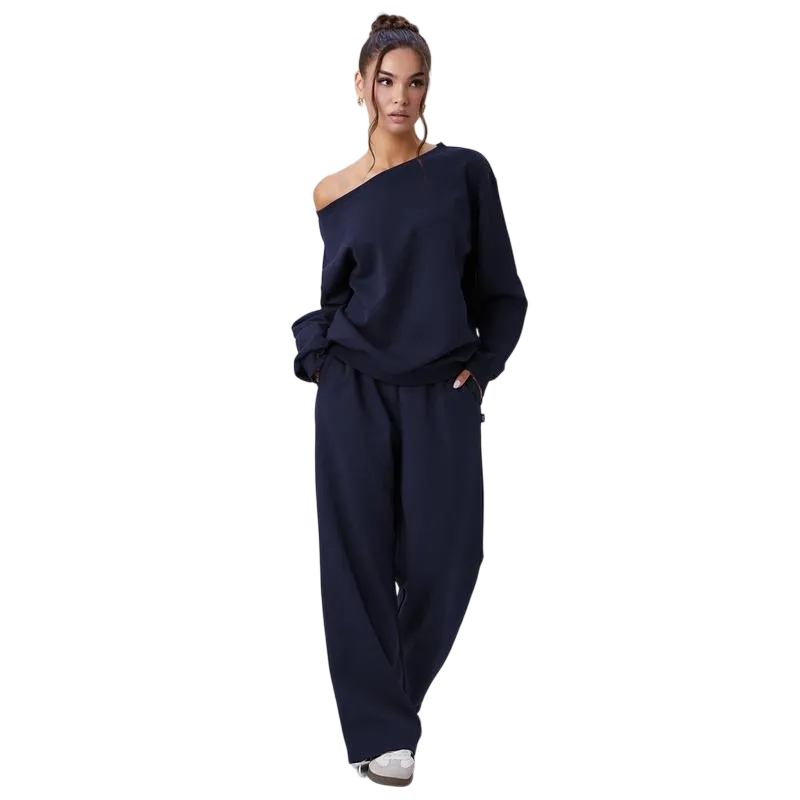 Women's Leisure Solid Color Sloping Shoulder Long Sleeve Top & Wide Leg Trousers