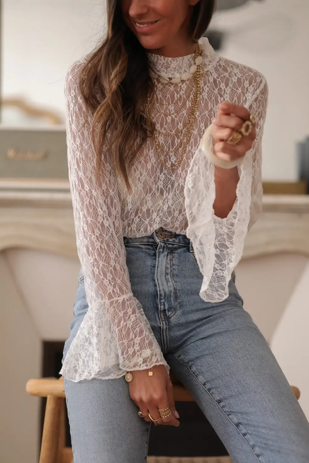 Lace Trim Sheer Bell Sleeve Blouse