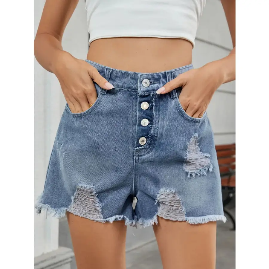 Simple Distressed Raw Hem Denim Shorts