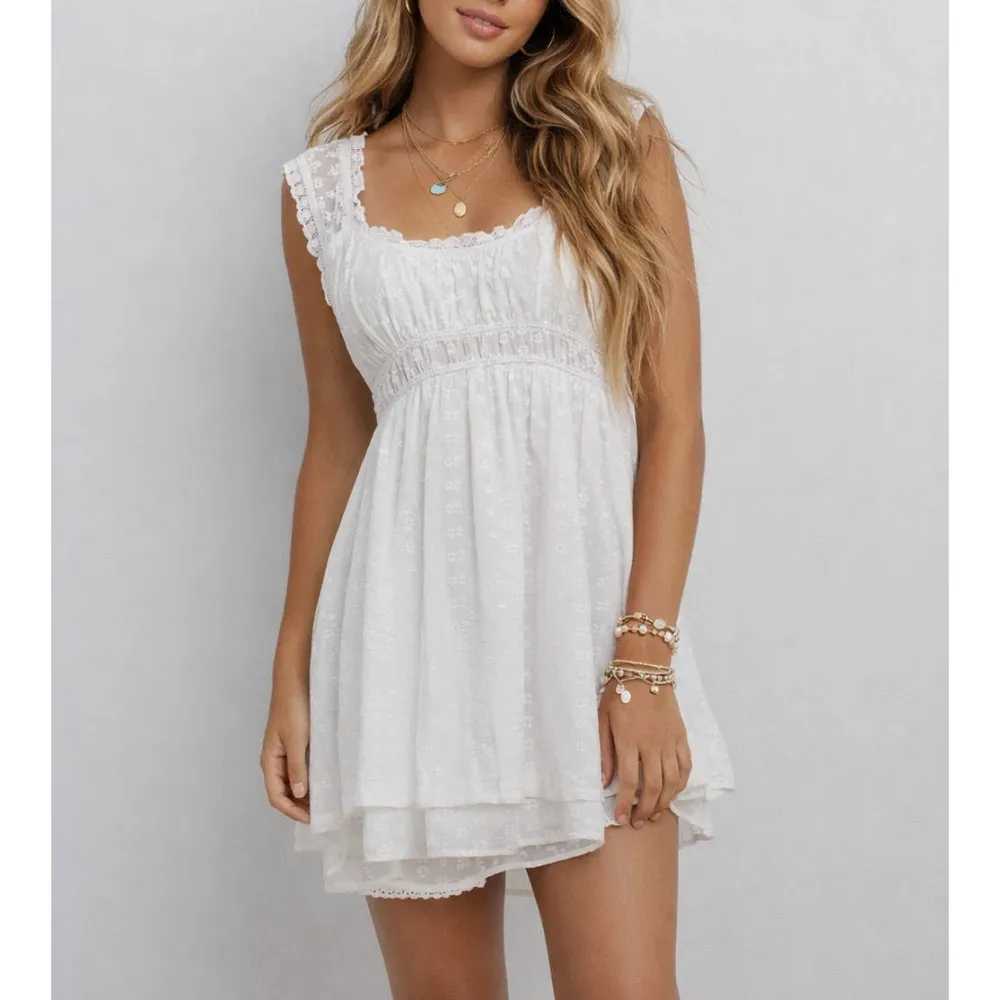 Eyelet Embroidery Square Neck Ruffle Mini Dress
