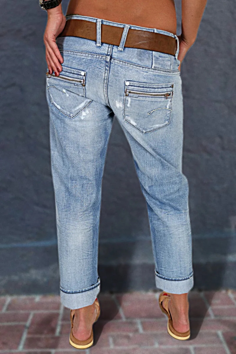 Ripped Zip Detail Slant Pocket Jeans Without Belt