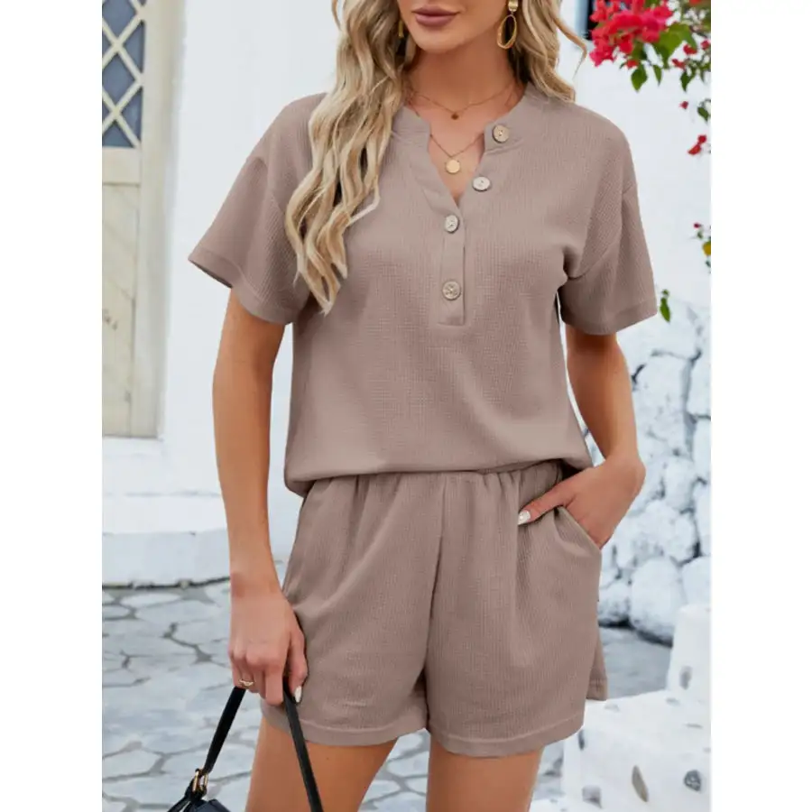 Casual Button Detail Ribbed Top and Shorts Two Piece Set