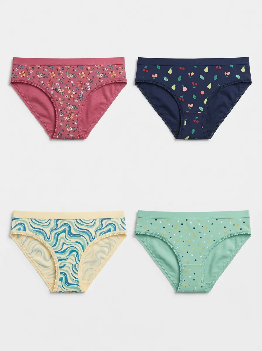 Women's Four-Pair Floral Fruit Wave Celestial Bikini Brief Set