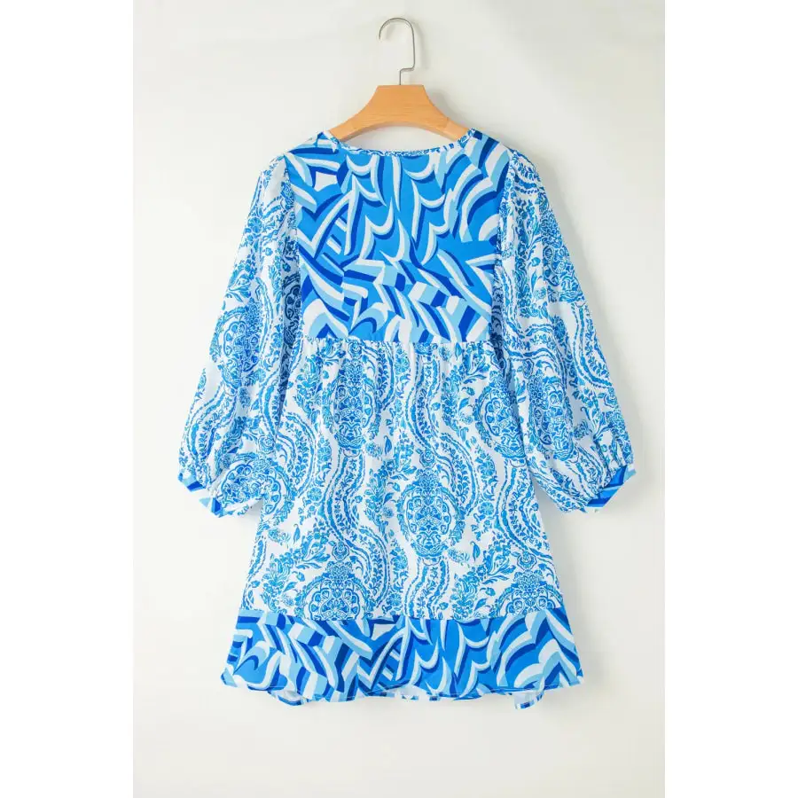 Printed Tie Neck Long Sleeve Mini Dress