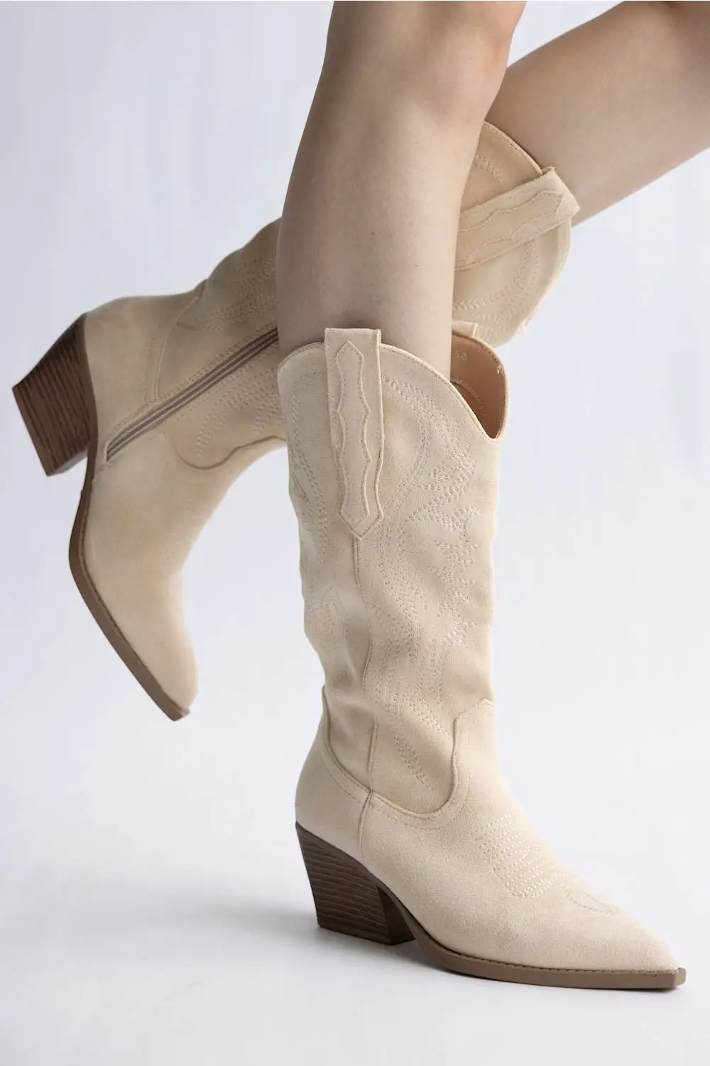 Suede Pointed Toe Mid Calf Western Boots