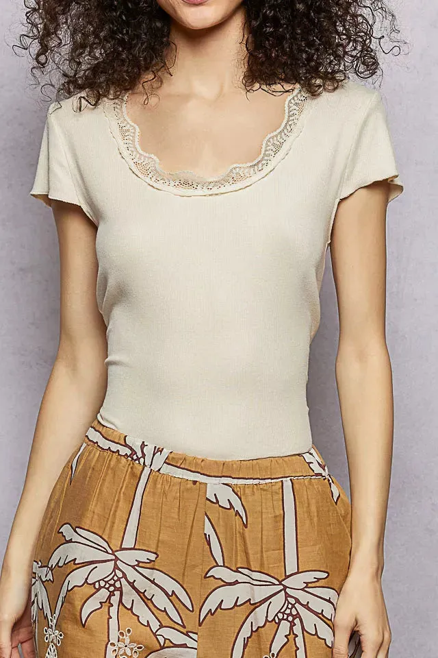 Everyday Round Neck Short Sleeve Crop T-Shirt With Lace Trim